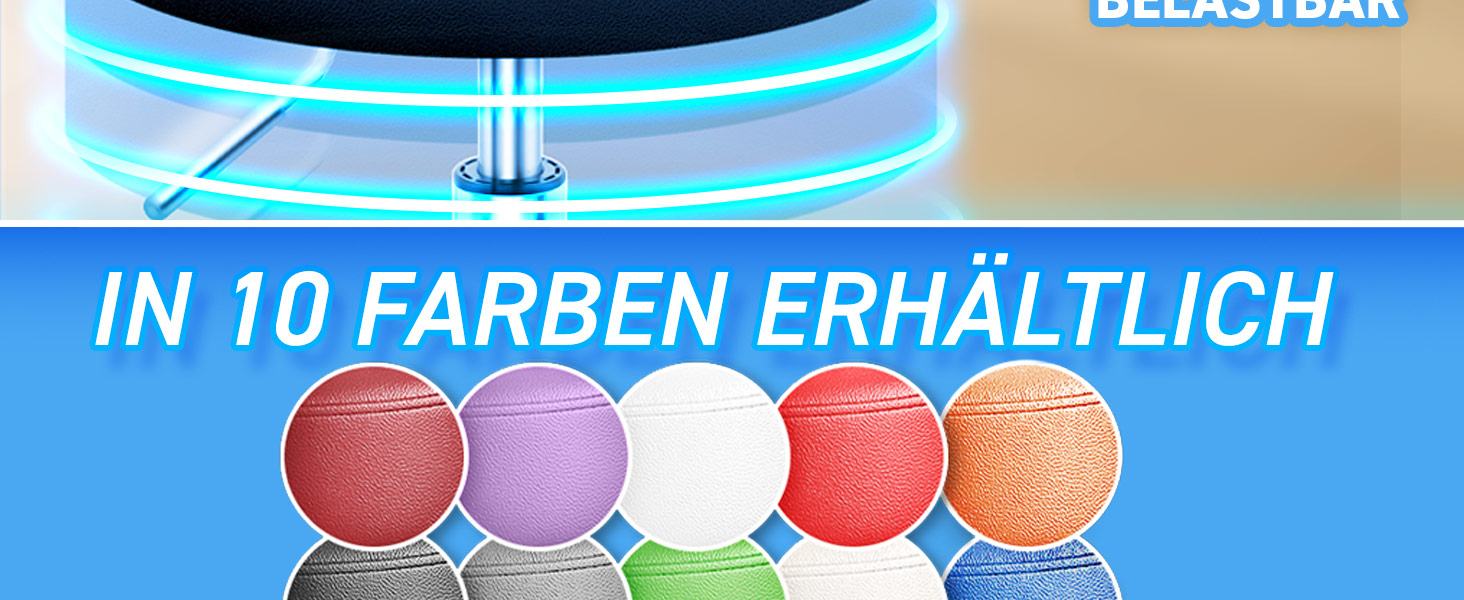 Der Text lautet: „IN 10 FARBEN ERHÄLTLICH“. Horizontales blaues Banner mit Farboptionen wie roten, lila, korallenroten und orangefarbenen Kreisen.