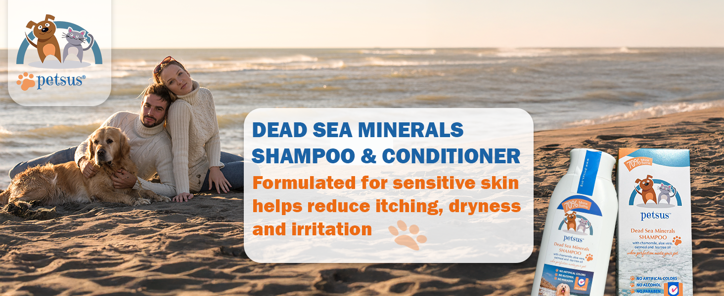 Petsus Dead Sea Minerals Shampoo & Conditioner formulated for sensitive skin to reduce itching