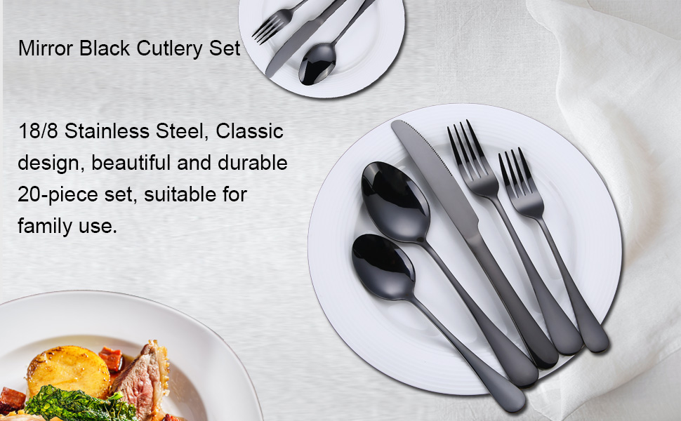 20 poiece mirror black cutlery set