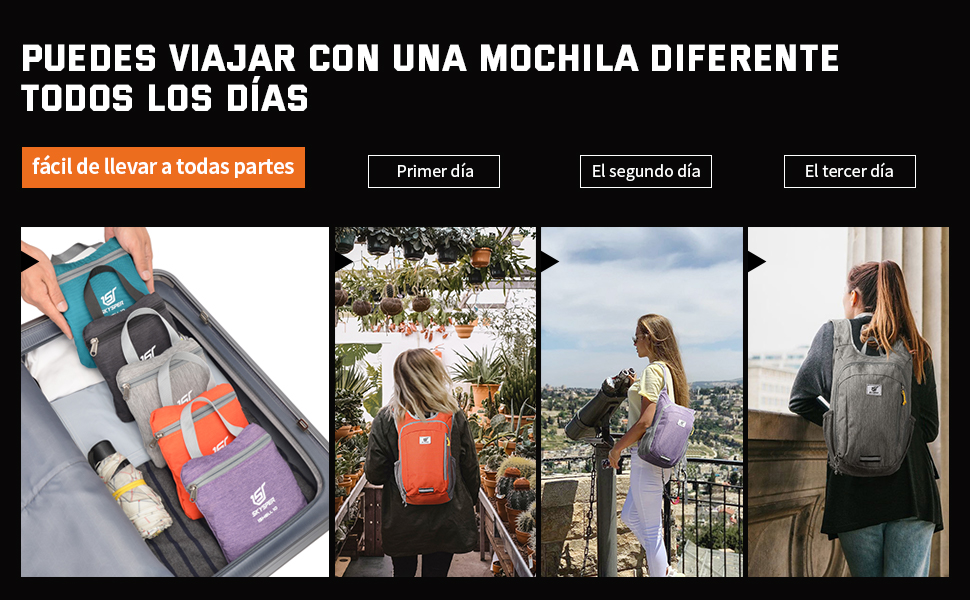 un collage de tres imágenes de una mujer con una mochila.