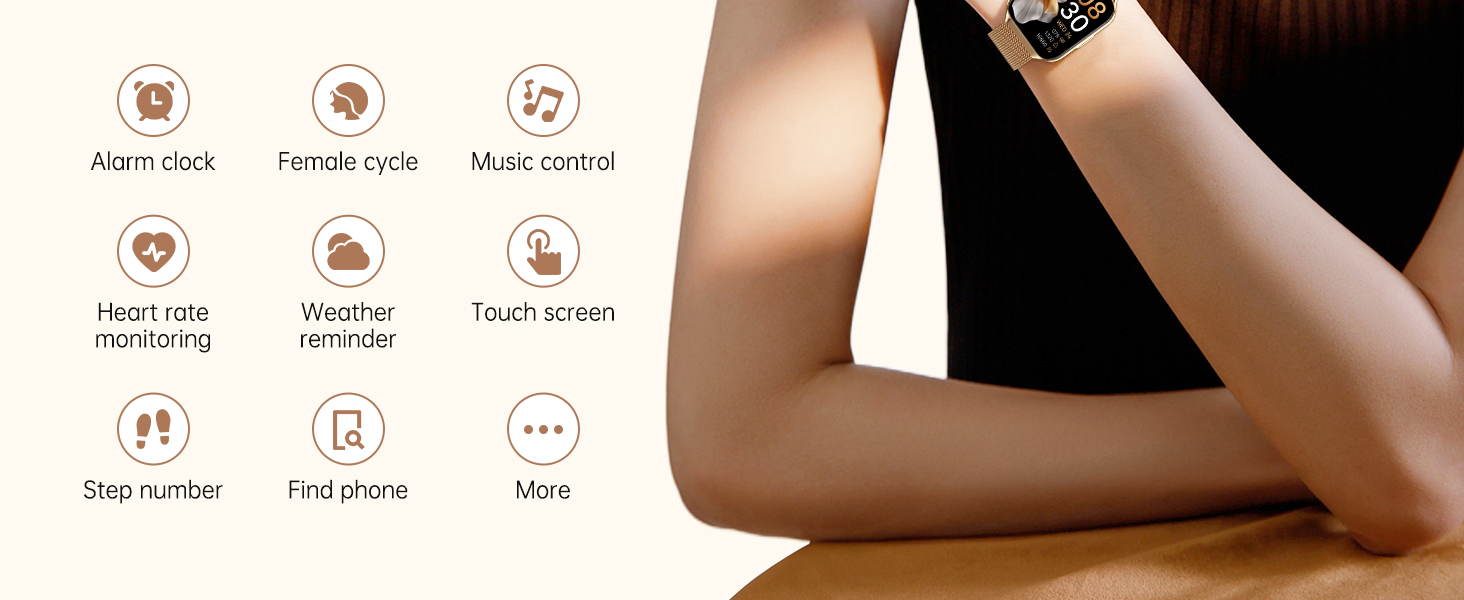 Smartwatch feature icons including alarm clock, heart rate monitoring, music control, weather forecast, touch screen, and step counter, alongside an arm wearing the device.