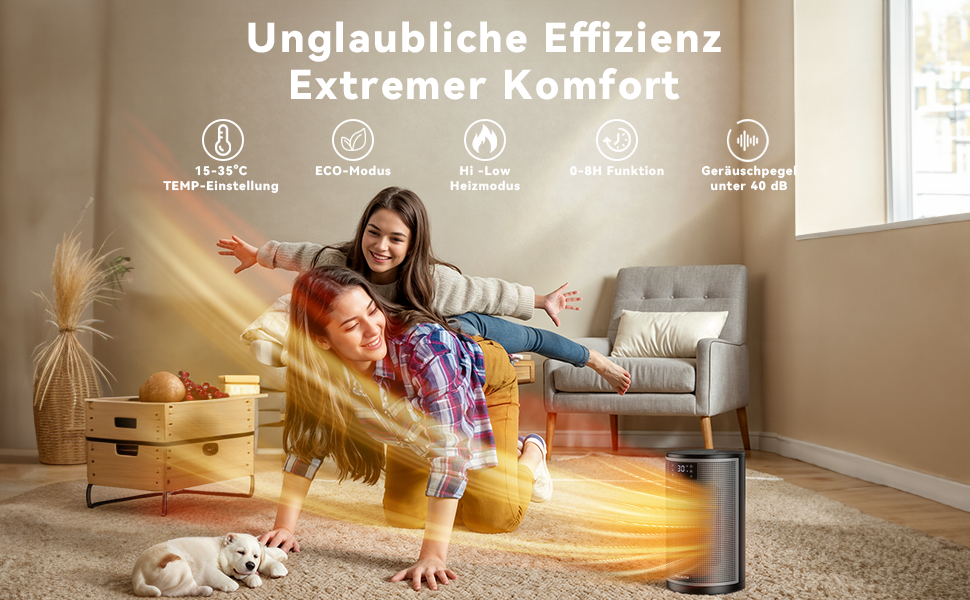 Werbung für eine Hausheizung, die den Wärmeeffekt zeigt, mit Symbolen, die Effizienzmerkmale und Komforteinstellungen in deutschem Text anzeigen.