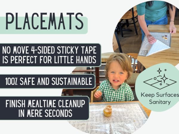 Placemats have 4-sided sticky tape, 100% safe and sustainable, help you finish mealtime cleanup fast