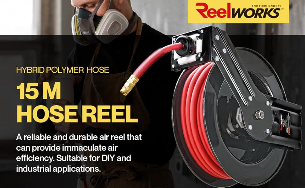 Text reads 'ReelWorks HYBRID POLYMER HOSE 15M'. A reliable and durable air reel that can provide immaculate air efficiency. Suitable for DIY and industrial applications.