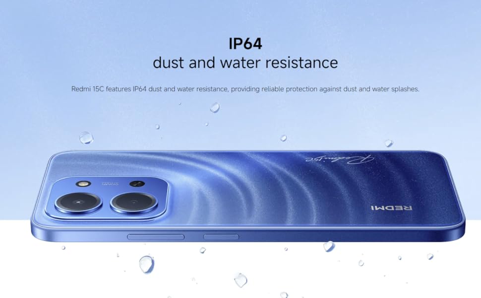 Text reads 'dust and water resistance'. Blue electronic device shown from multiple angles, appears to be a protective case or housing.