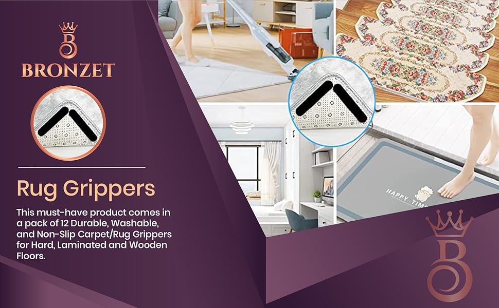BRONZET® Pack Of 12 Rug Gripper Reusable & AntiSlip Grippers For