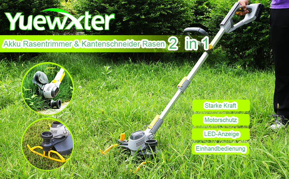 YUEWXTER Akku Rasentrimmer (2 x 4.0A Akku und schnelles Ladegerät, Hilfsgleitrad, 90° Drehkopf