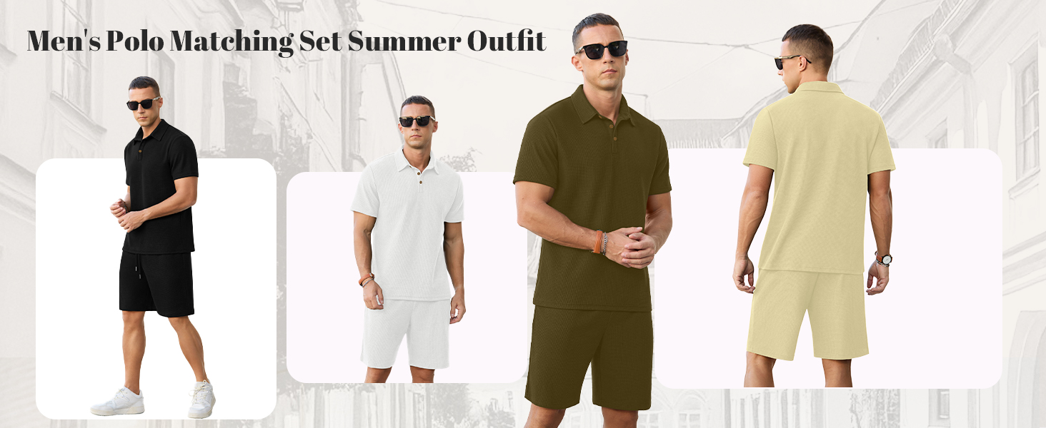Men's Summer Outfits Waffle Knit Polo Shirt and Shorts Set 2 Pieces Casual Tracksuit