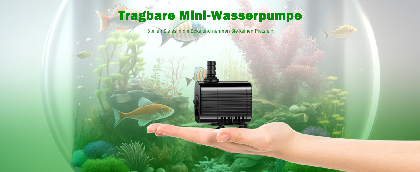 Kompakte Mini-Wasserpumpe auf einer offenen Handfläche vor Aquarienhintergrund mit dem deutschen Text 'Tragbare Mini-Wasserpumpe'