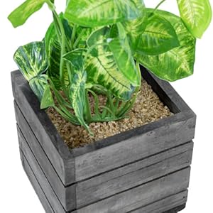 faux plants in grey wooden planter boxes