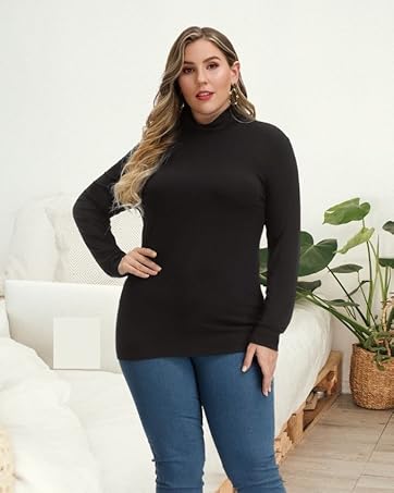 black mock neck women fitted shirts plus size