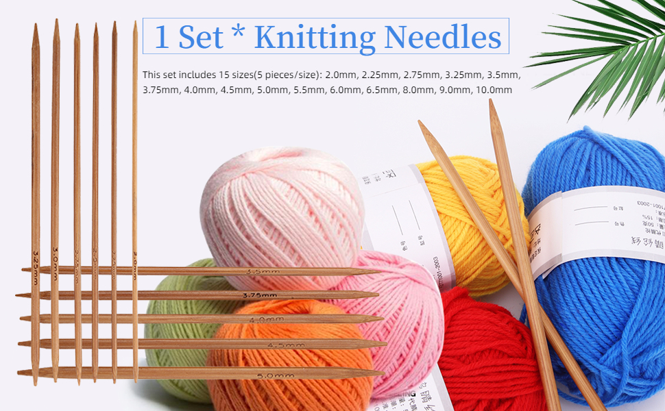 Knitting Needles Smooth Double Pointed Round Pointed Set, 75pcs/15 Sizes from 2mm to