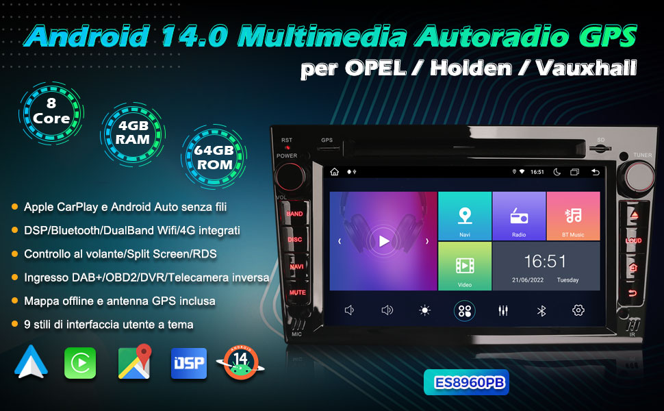 Autoradio Android 14 Per Opel - 4GB+64GB, 7 Pollici, CarPlay, GPS, 4G, DAB+
