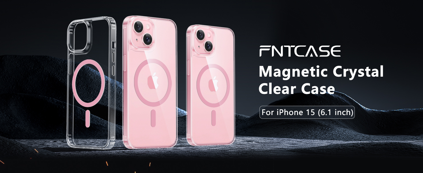 FNTCASE for iPhone 15 Phone Case: Defender Magnetic Clear Case Anti Yellowing Drop Protection Robust Shockproof Cell Phone Cover for iPhone 15 Case 6.1 Inch Pink Clear 8 1