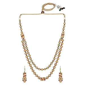 ACCESSHER Gold Plated  Handcrafted Long Multi Strand Pearl  Necklace with Earrings