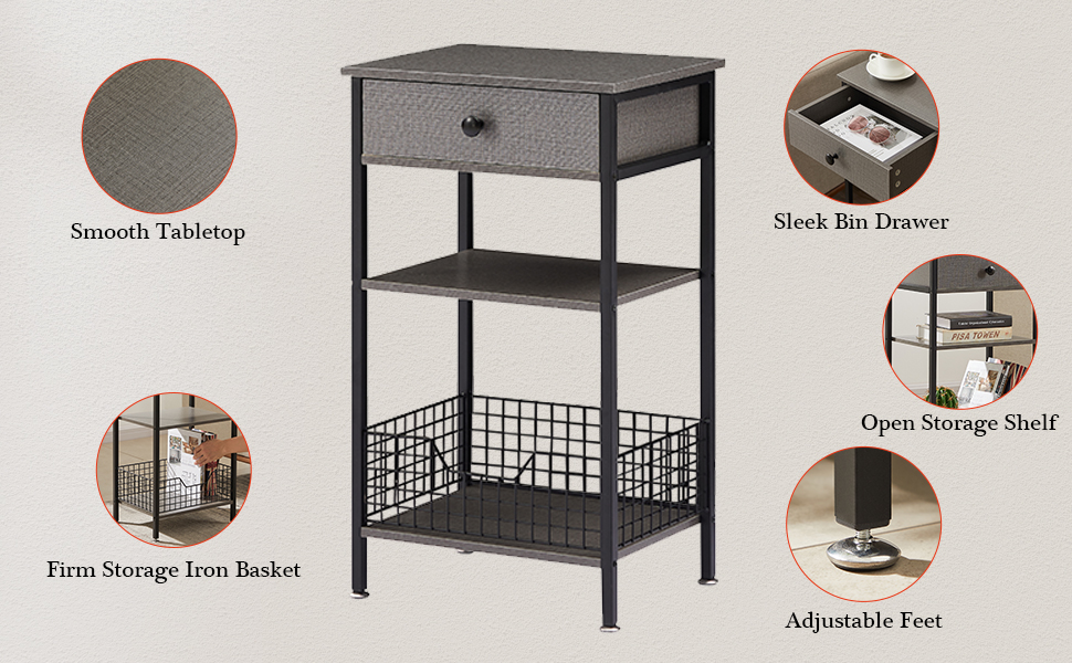 VECELO Tall Side End Table,Nightstands Shelf Storage