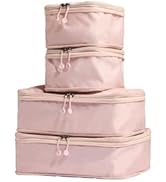 Set of four stacked pink packing cubes with zippers. Various sizes, rectangular shape. Soft fabric exterior. Designed for organizing luggage or clothing storage.