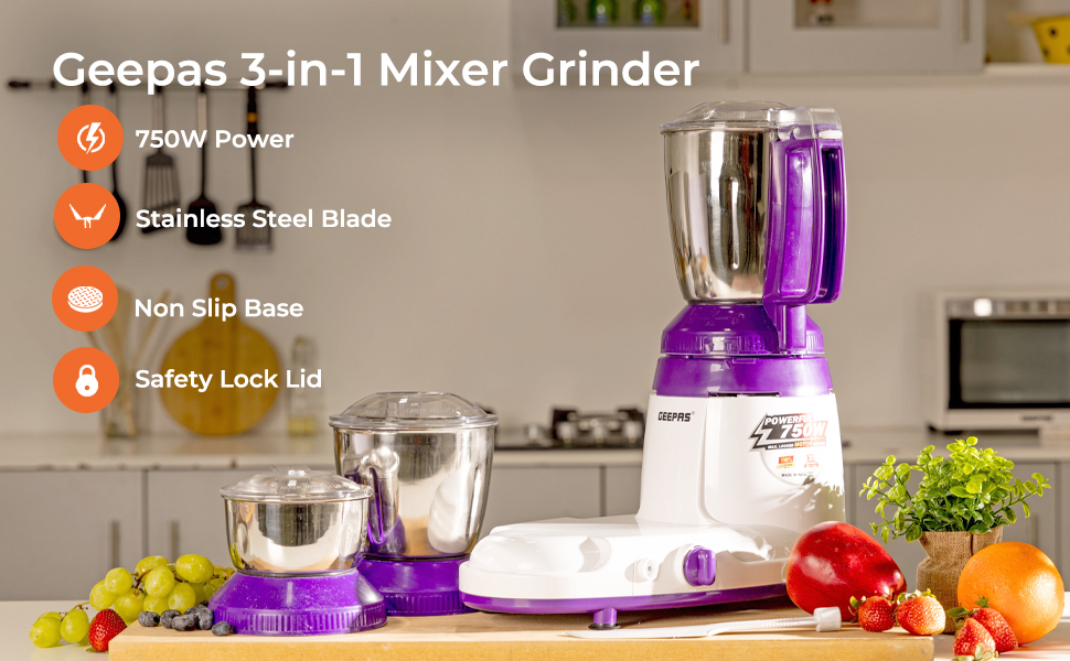 Geepas 750W 3in1 Mixer Grinder Stainless Steel Jars & Blades 3