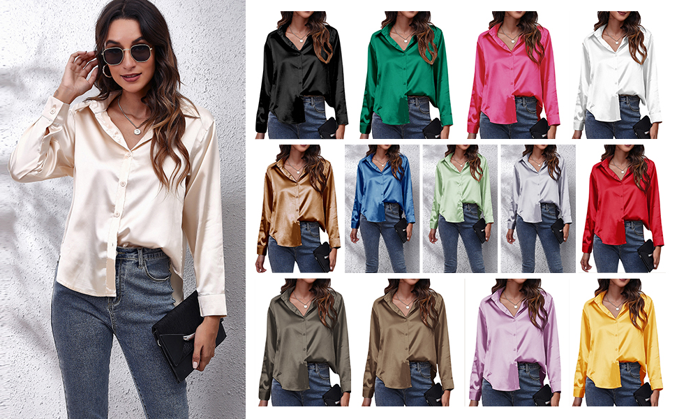 Shirt for Women Long Sleeve Button Down Shirt Satin Blouse Tops Shiny Silk Like Shirt Office Work Business Blouse 19 8