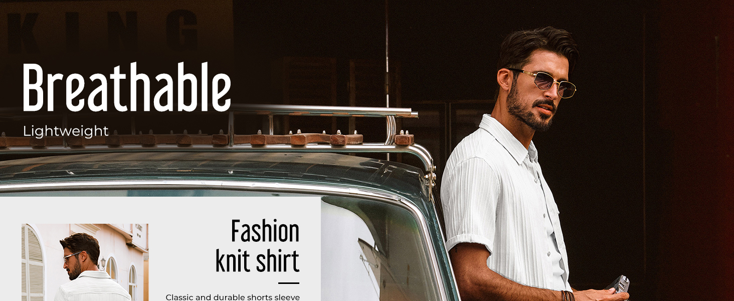 Men's Summer Short Sleeve Shirts Textured Striped Button Down Shirt for Casual