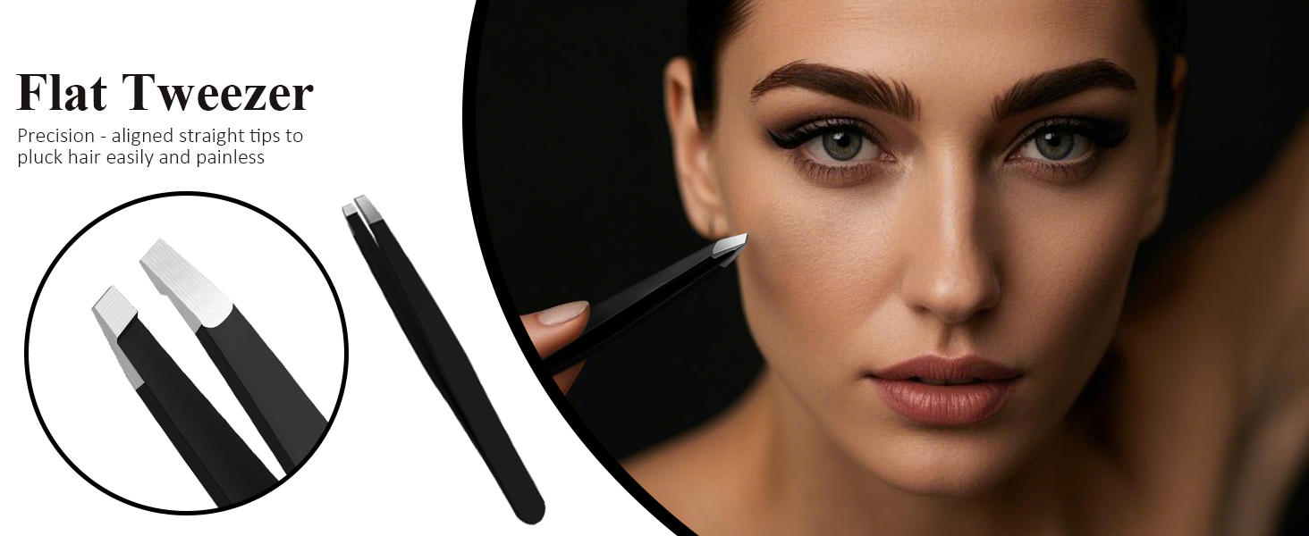 Flat tweezer beauty tool. Black metal tweezers shown in close-up and being used to shape eyebrows.
