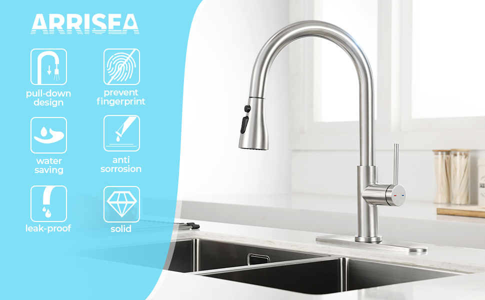ARRISEA Pull Down Kitchen Faucets, Brushed Nickel Stainless Steel