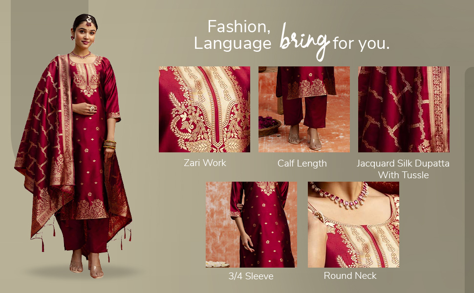 VredeVogel Women's Cotton Silk Blend Zari Work Kurta Pant Set with Jacquard Silk Dupatta