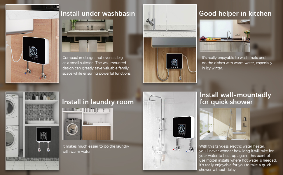 Guía de instalación que muestra múltiples opciones de montaje para un dispositivo cuadrado negro en la cocina, el baño, la lavandería y la ducha.