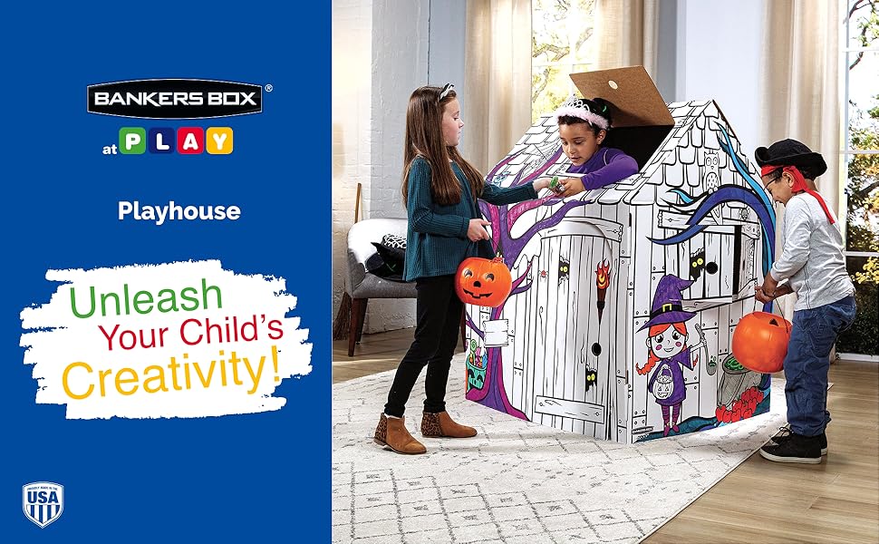 at play, bankers box, playhouse, play, cardboard playhouse, play, house