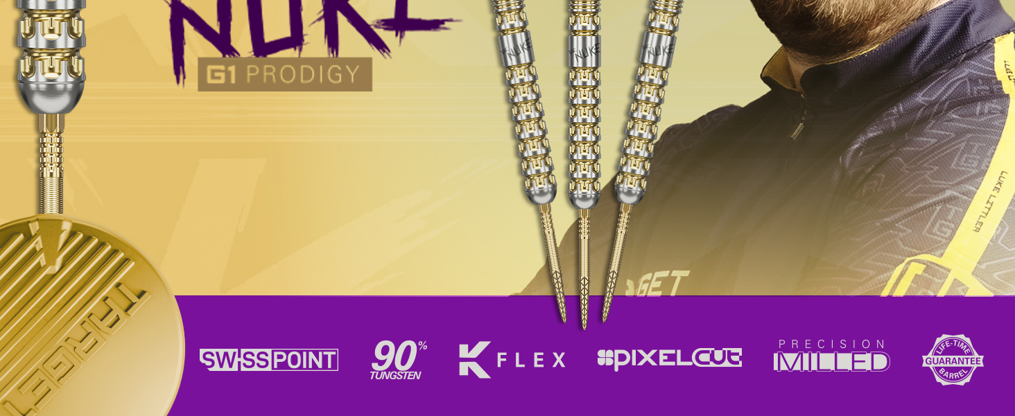 Target Darts Luke Littler Gen 1 Prodigy Steel Tip Swiss Point Darts, 90 Tungsten Dart, 22G/23G