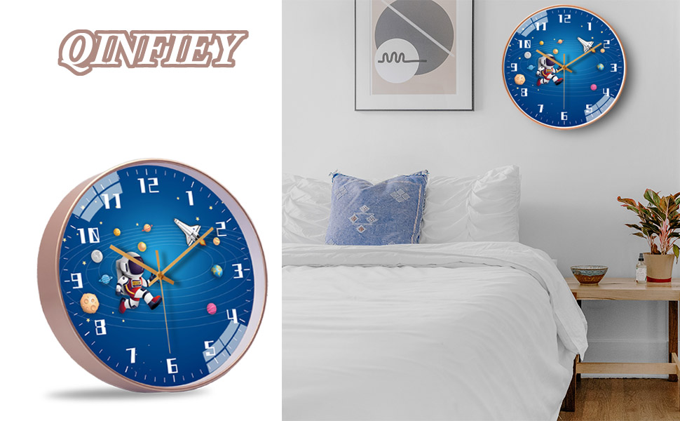 QINFIEY 12 Inch Silent Movement Kids Wall Clock, Non Ticking Children Round Wall