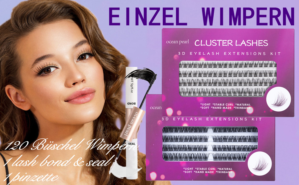 Wimpernverlängerungsset mit Cluster-Wimpern und individuellen Wimpern. Die lila Verpackung zeigt Produktdetails und Anwendungsbeispiele