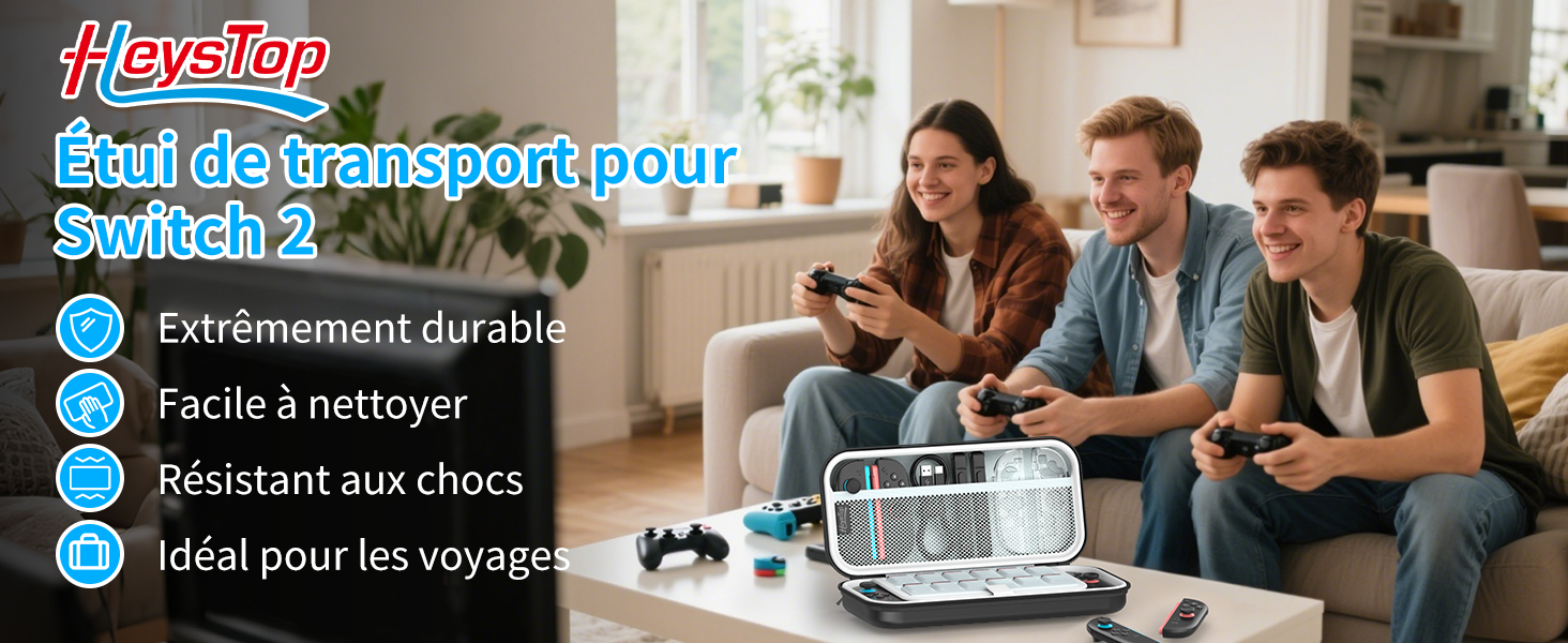 Étui de protection en plastique transparent pour console Nintendo Switch 2. Les caractéristiques incluent la durabilité, la facilité de nettoyage, la résistance aux chocs et un design adapté aux voyages. Montré avec des joueurs en arrière-plan.
