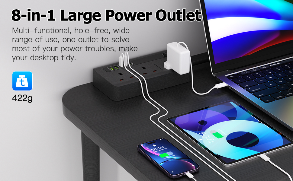 Text reads '8-in-1 Large Power Outlet' followed by '422g'. Product photo shows multi-port power adapter with USB and standard outlets.