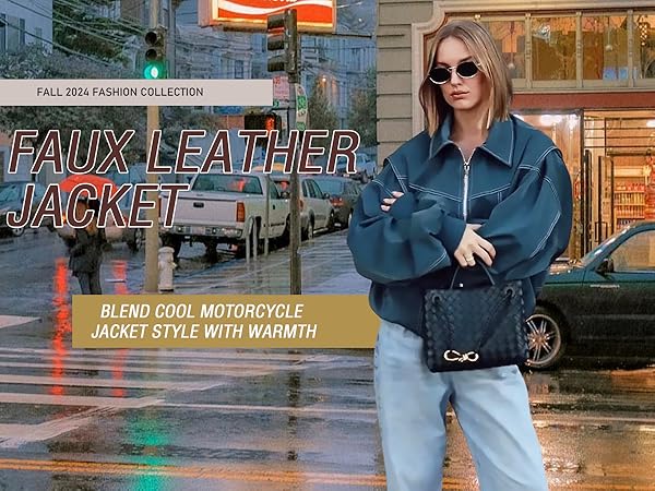 utcoco Women's Faux Leather Motorcycle Jacket Oversized Zip