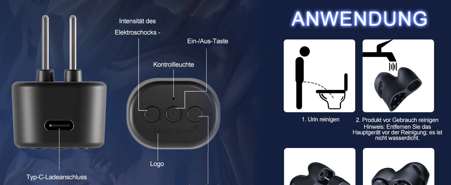 Der Text lautet „ANWENDUNG“. Technisches Anleitungsdiagramm mit Symbolen, die Installationsschritte für die Toilette sowie Hinweise zur Produktbenutzung zeigen.