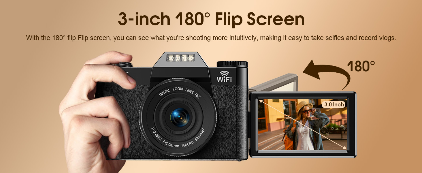 Der Text lautet „3-Zoll-180°-Flipscreen“. Demonstration des Kameradisplays, das den Bildschirm in verschiedenen Positionen vor einem warm getönten Hintergrund zeigt.