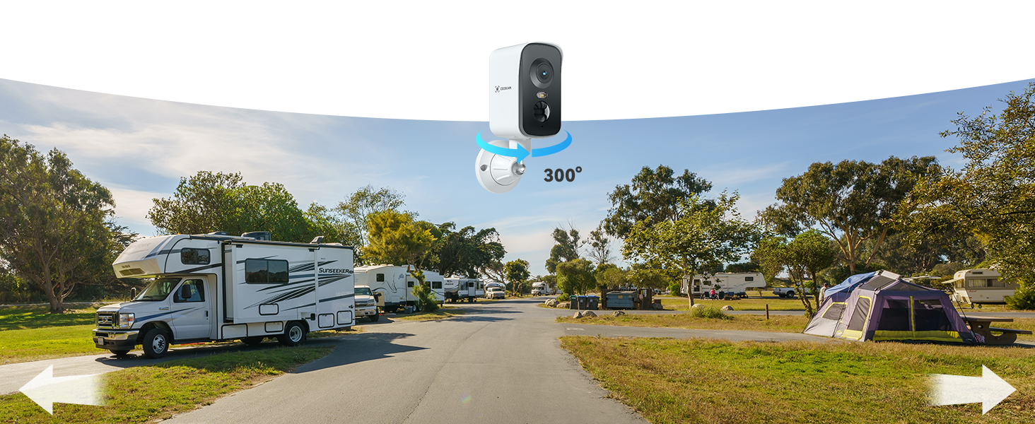 Black cylindrical security camera with 360-degree rotation capability, mounted above an RV campground with parked vehicles and tents visible.