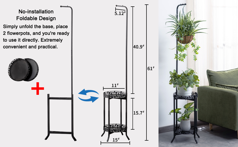 2-tier Hanging Plant Stand, Space-Saving Iron Planter Shelves Flower Pot Organizer Rack