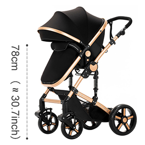 Black and gold baby stroller with adjustable canopy, large wheels, and sleek design. Height measurement of 78cm shown.
