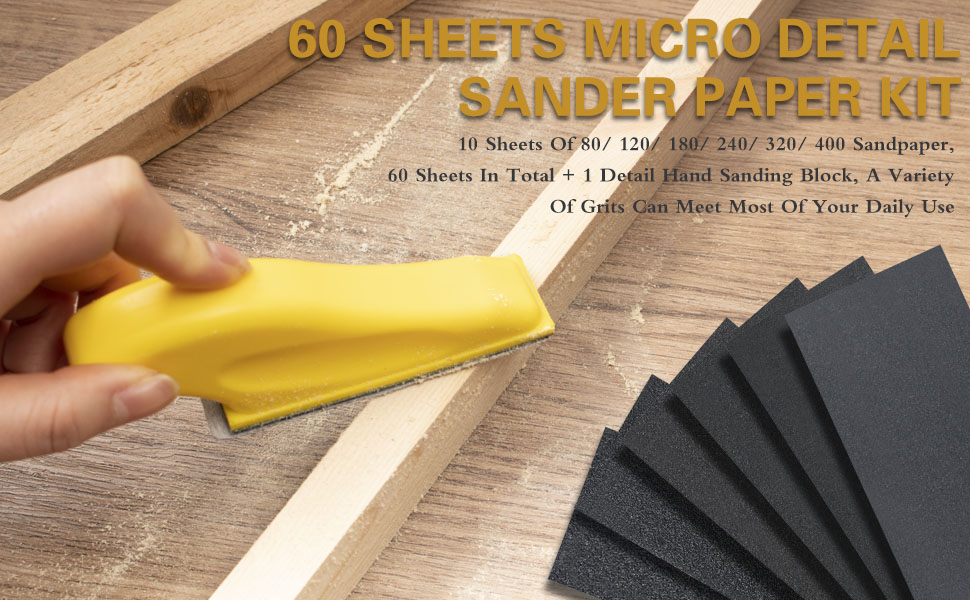 60 Sheets Micro Detail Sander Paper Kit,3.5”x 1”Hand Sanding Block for