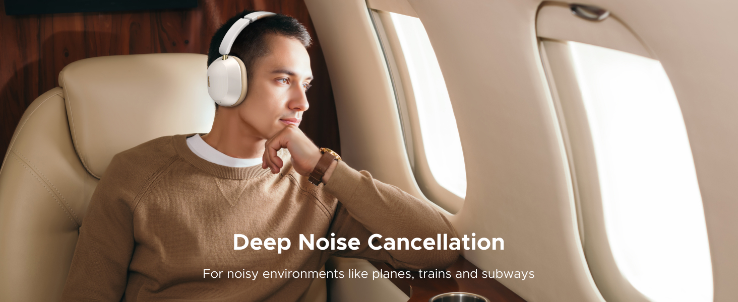 Text reads 'Image 5' and 'Deep Noise Cancellation'. Interior shot showing passenger wearing headphones in what appears to be an aircraft cabin.