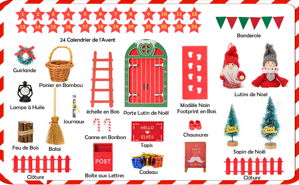 Kit Porte Lutin de Noël, 49 Pièces Lutin Farceur de Noel Kit, Accessoires  avec 24 Calendrier de l'Avent, Echelle, Portes en Bois : : Cuisine  et Maison