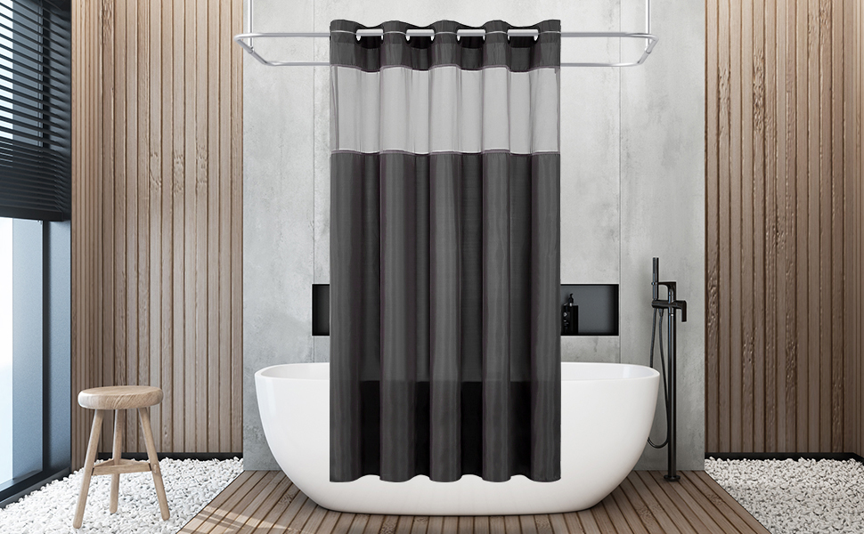 Stall No Hook Shower Curtain,Polyester Fabric Shower