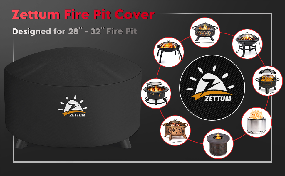 Zettum Fire Pit Cover Round 32 Inch Outdoor Firepit Cover Heavy Duty & Waterproof