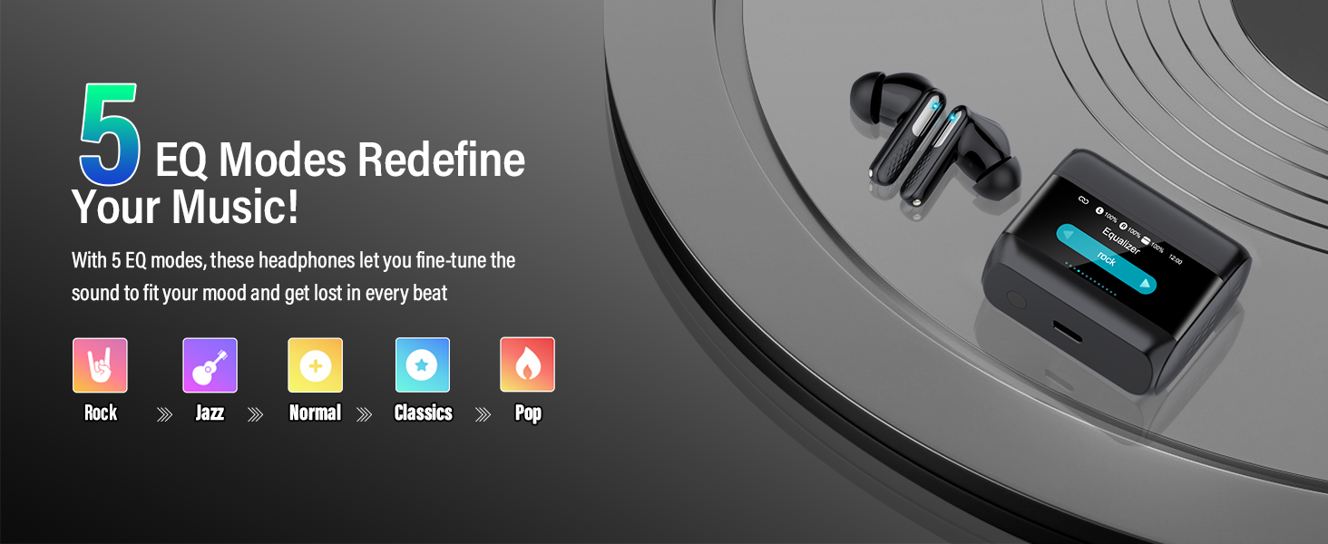 Text reads 'EQ Modes Redefine Your Music' with row of 5 colorful app icons below. Shows partial view of what appears to be a vinyl record.