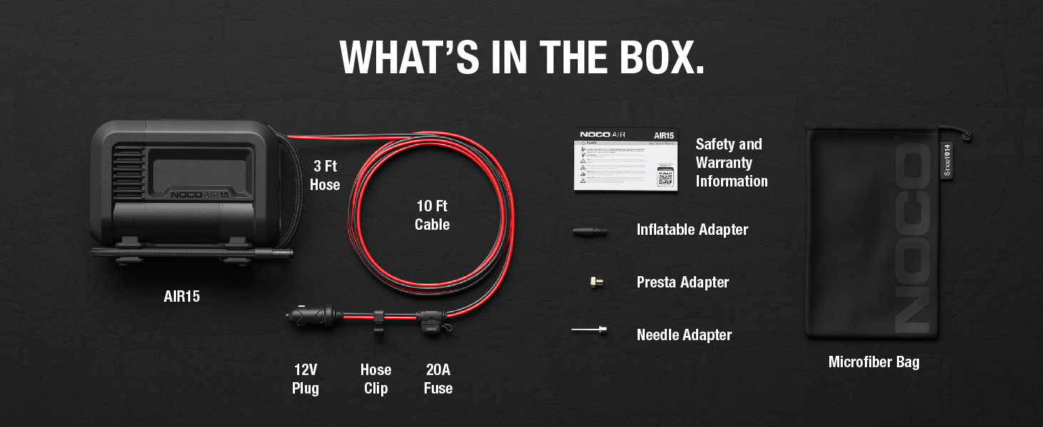 Included in the box are a 80 PSI tire inflator and portable air compressor, hose adapters and more