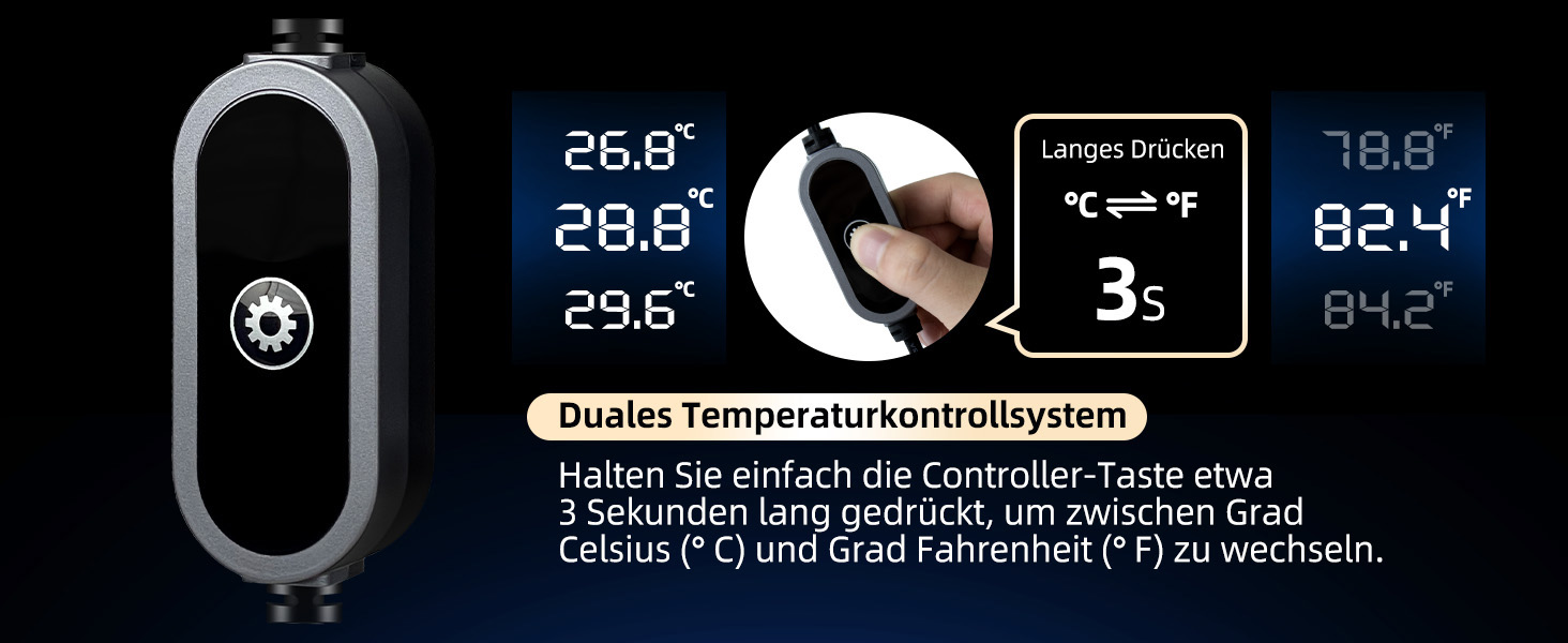 Digitales Schnittstellendisplay mit Temperaturwerten von 26,8° und 82,4° mit verschiedenen Anzeigesymbolen und Bedienelementen.