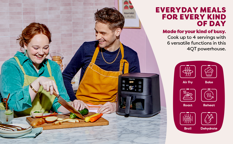 Couple slicing vegetables to air fry in the Instant Pot air fryer