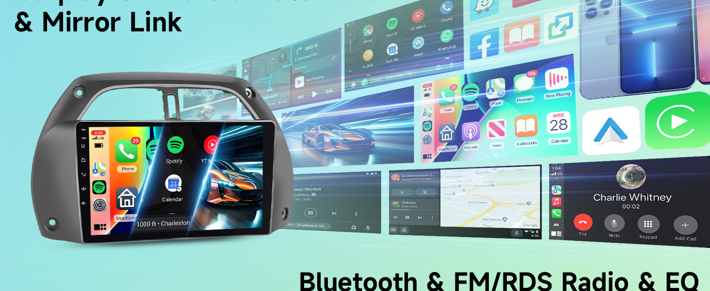 La interfaz estéreo del automóvil muestra las funciones de conectividad de los teléfonos inteligentes con varios íconos de aplicaciones y funciones de radio Bluetooth/FM